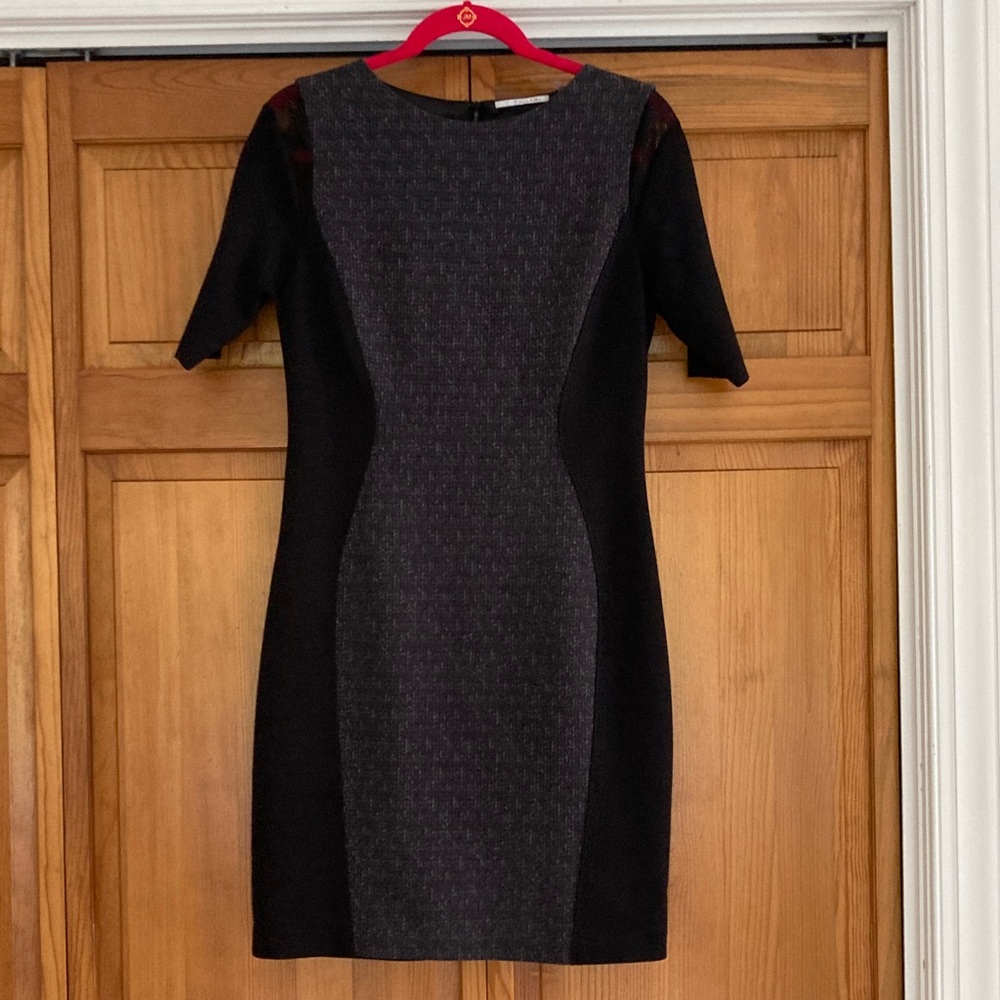T Tahari Black Ponte Knit with Gray Panel and mesh Shoulders Dress